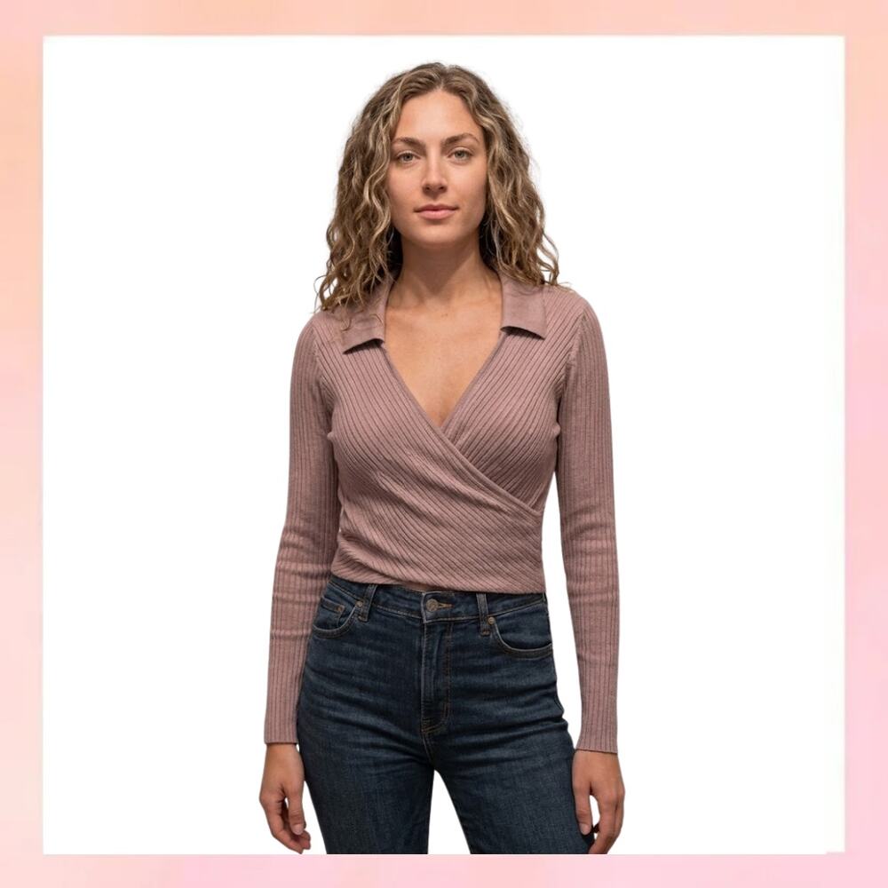 Abercrombie & Fitch Mauve Ribbed Long Sleeve Wrap Top Collared XS